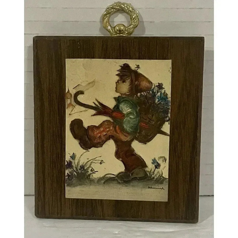 Hummel Lithograph Plaque Boy With Umbrella 3 3/8 Inch W x 3 3/4 Inch L Vintage